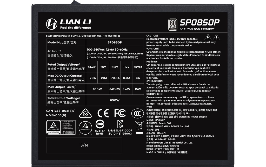 Netzteil Lian Li SP850, ATX3.1-6